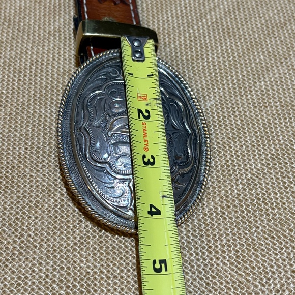 VTG Silver Plated? Western Belt Buckle on Brown Bonded leather Tooled Belt 34/36 - Picture 12 of 16
